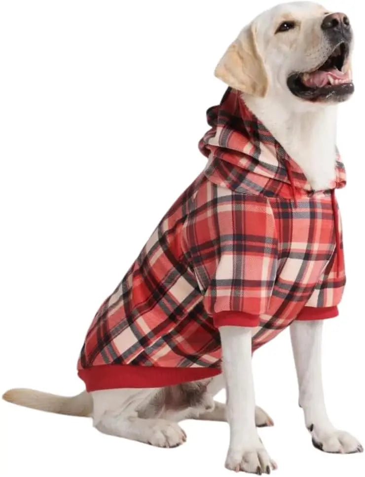 Premium Dog Hoodie – Soft Fleece Stretch Hoodie for Small to Large Dogs S–5XL Red Plaid