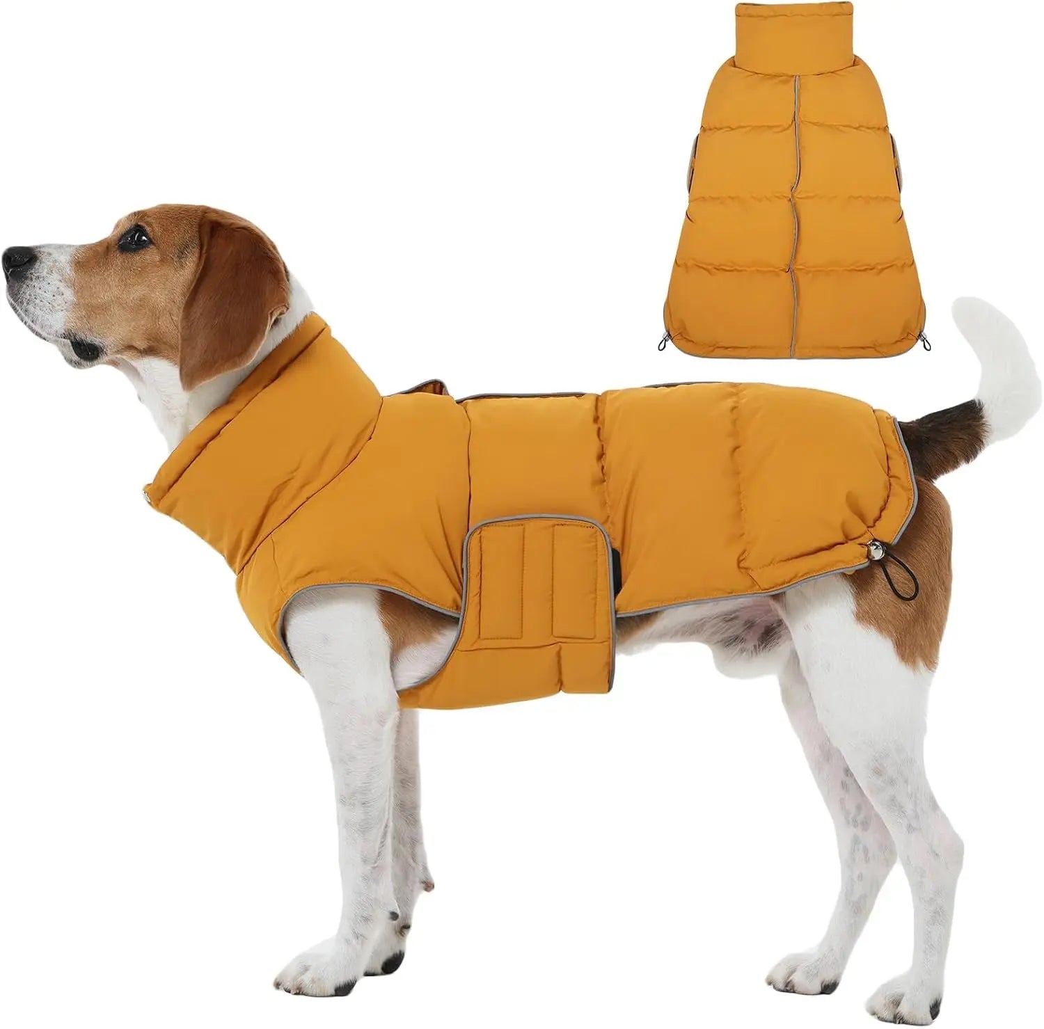 Puffer Waterproof Dog Jacket – Warm Winter Coat XS–3XL, Reflective & Adjustable Yellow