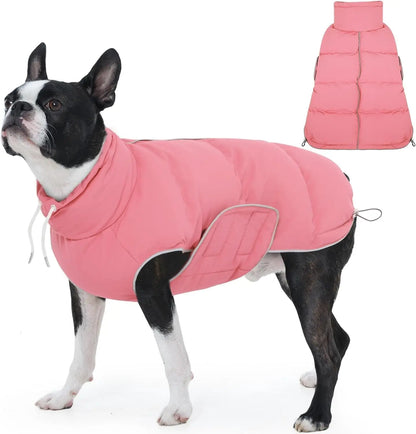 Puffer Waterproof Dog Jacket – Warm Winter Coat XS–3XL, Reflective & Adjustable Pink Small