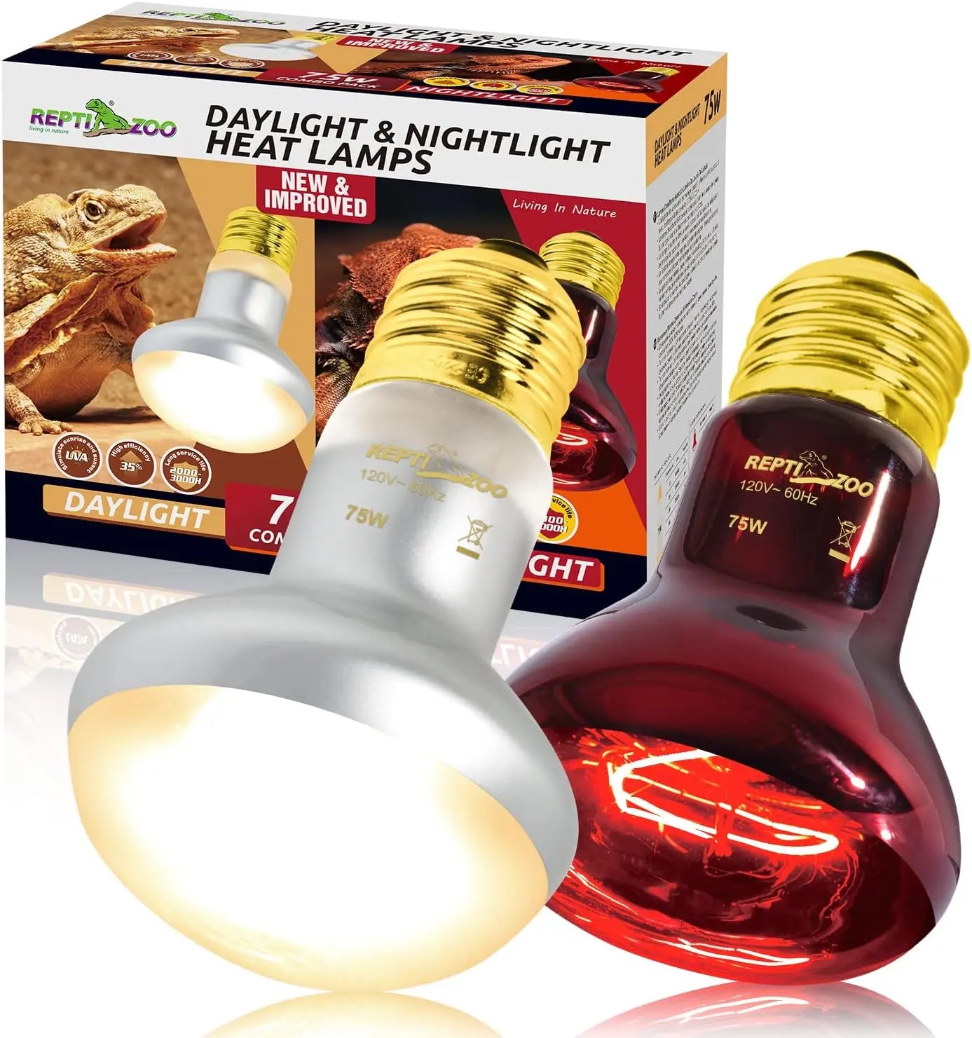 75W Reptile Heat Lamp Bulb 2PCS UVA Daylight & Infrared Night Basking E26 Day Night Heat Lamp