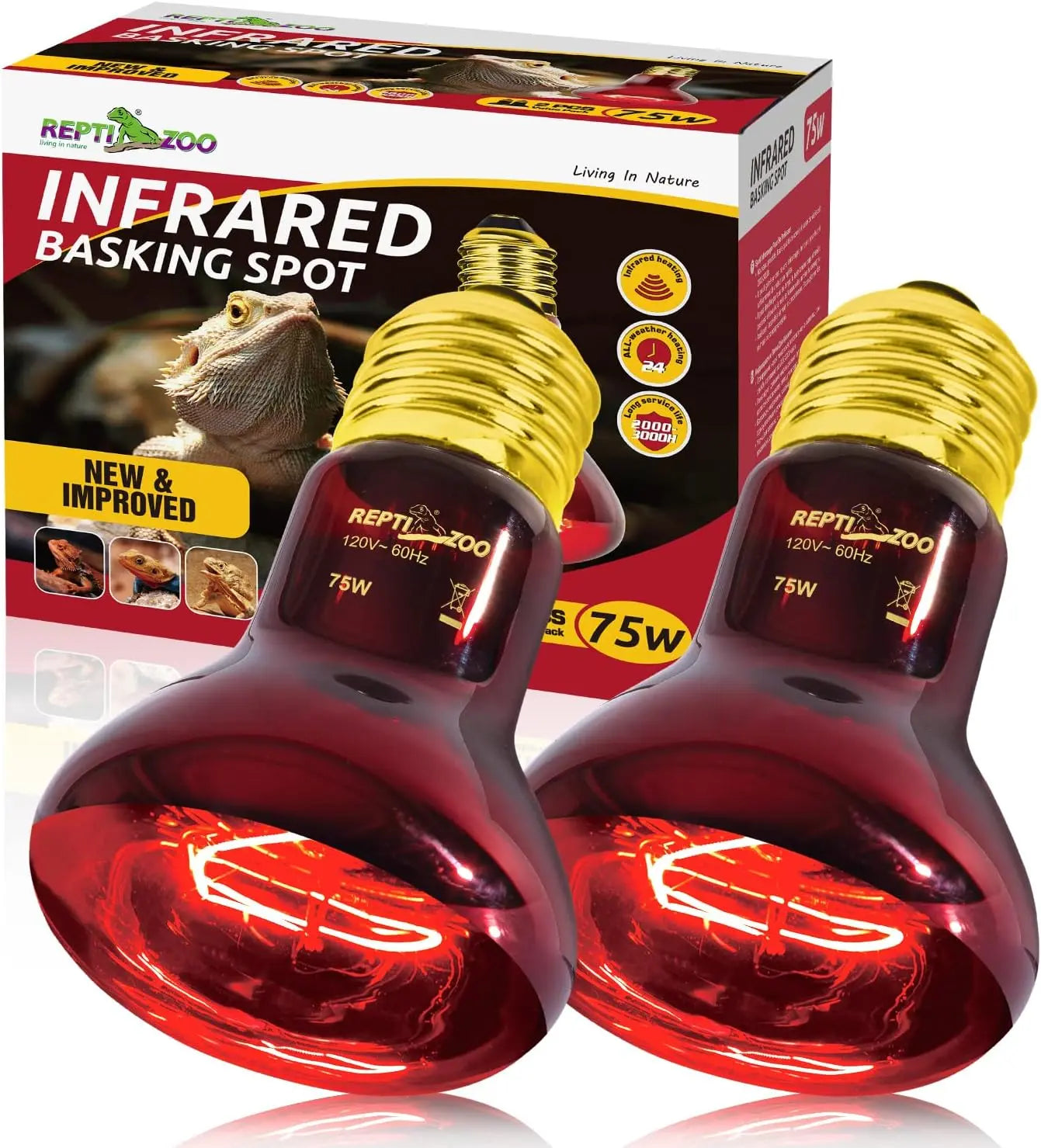 75W Reptile Heat Lamp Bulb 2PCS UVA Daylight & Infrared Night Basking E26 Infrared Heat Emitter