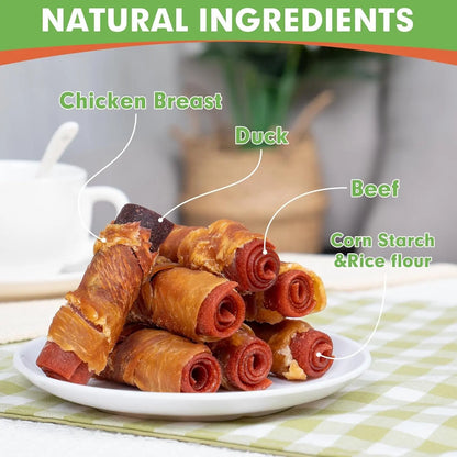 Rawhide Free Dog Treats 3 Inch Chicken Duck Beef Rolls 16 Count 21oz