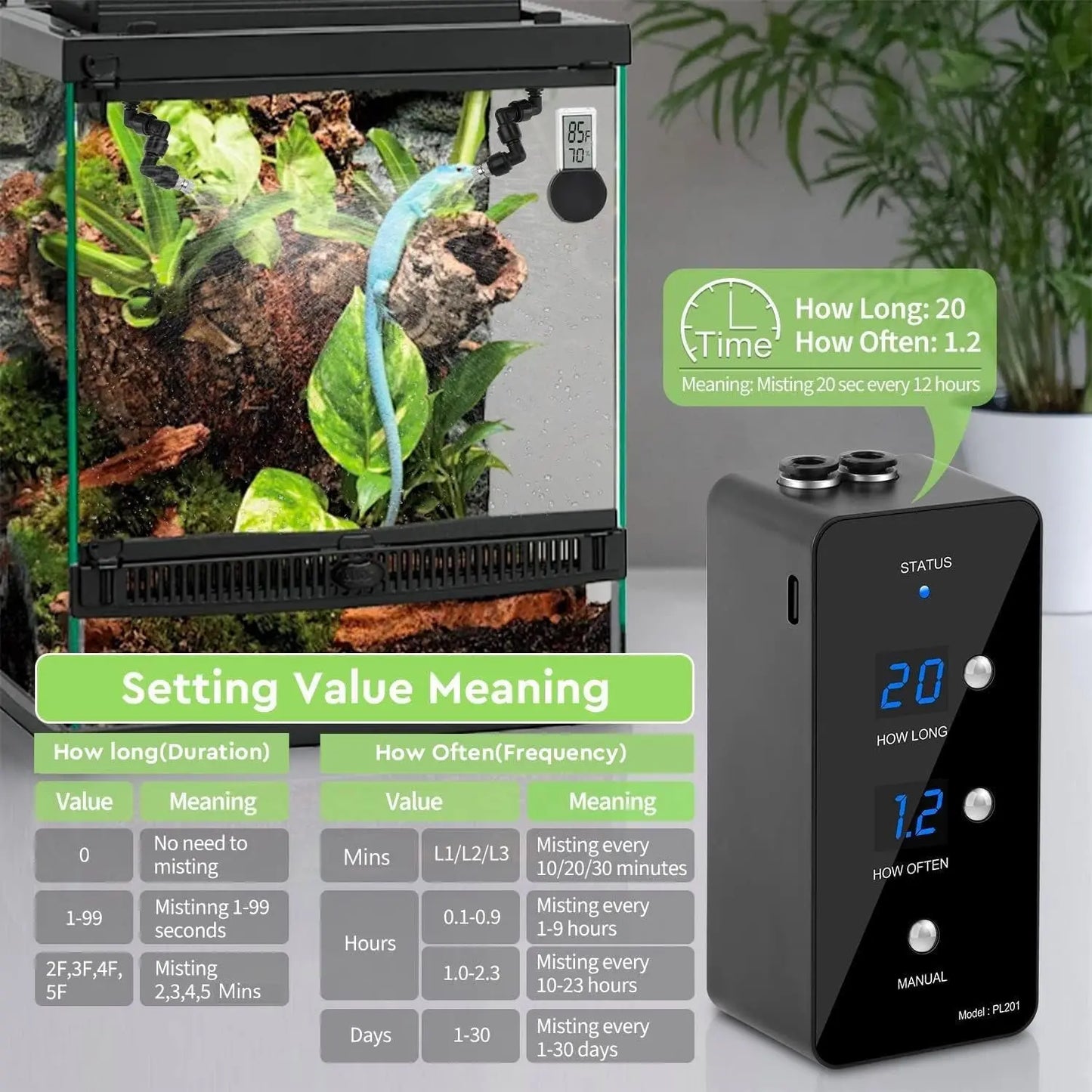 Reptile Misting System Humidifier with Timer & Adjustable Spray Nozzles