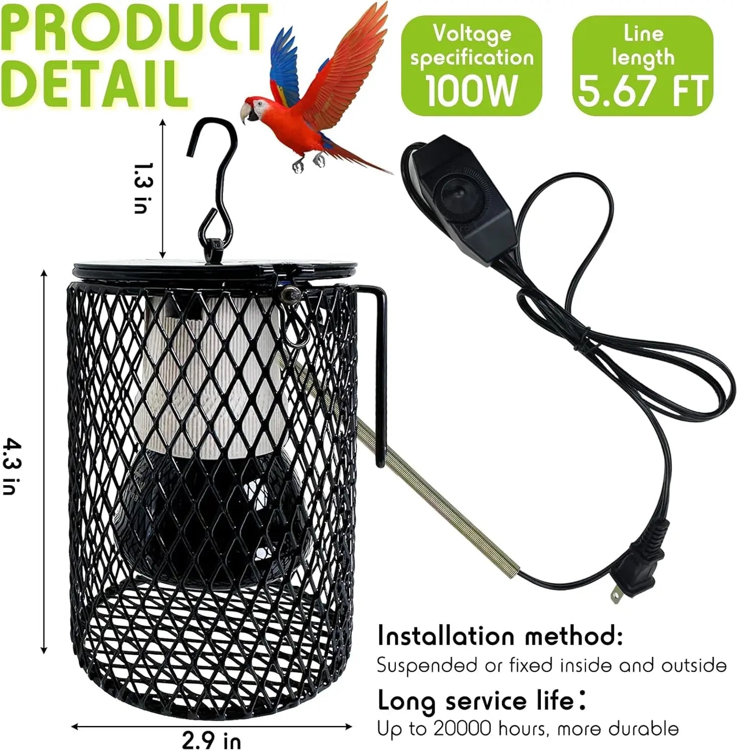 Reptile & Bird Cage Ceramic Heat Lamp 0-100W Guard No Light Emitter