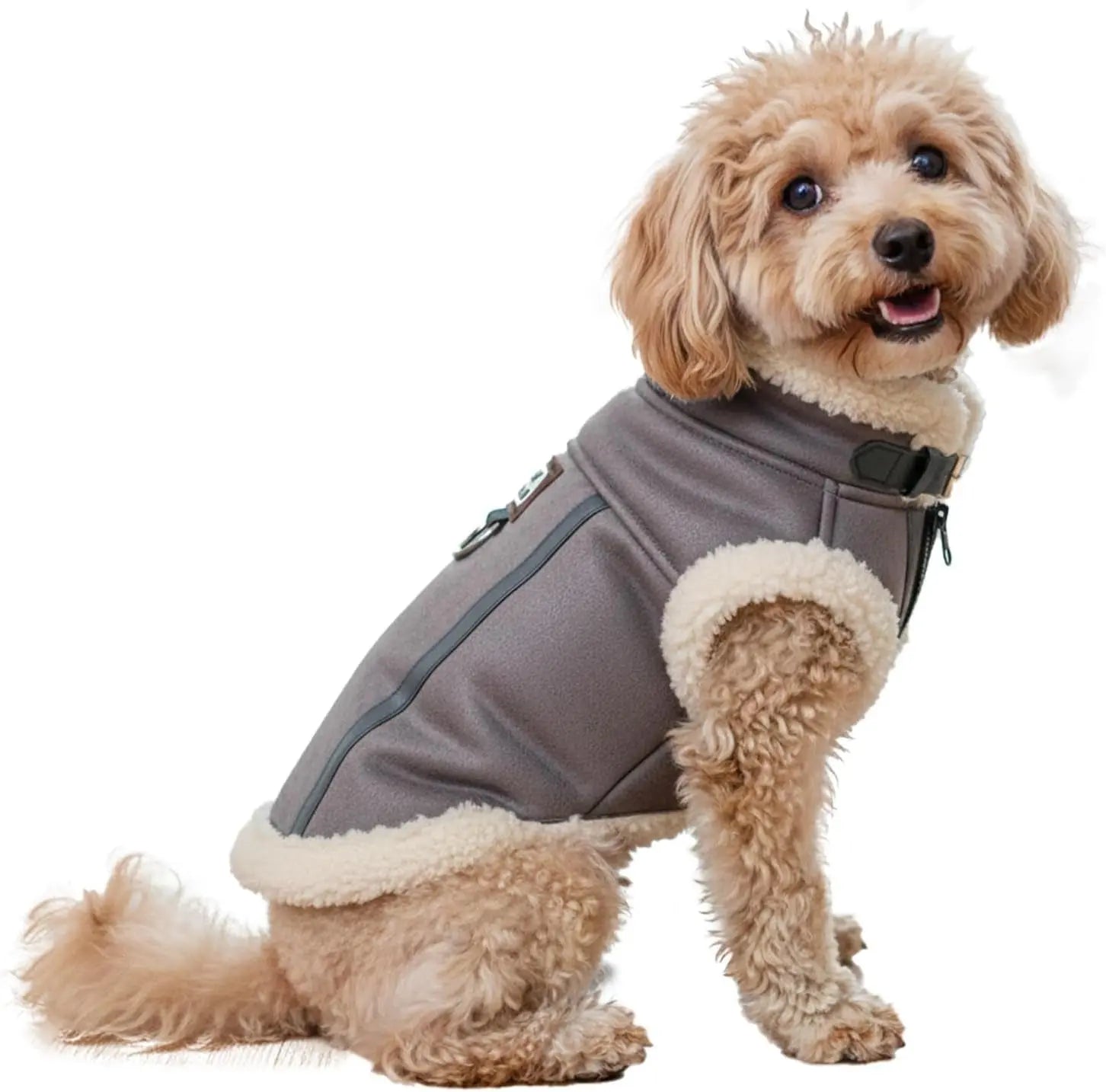 Retro Aviator Dog Jacket Faux Leather Sherpa Coat XS-3XL Winter Gray Small