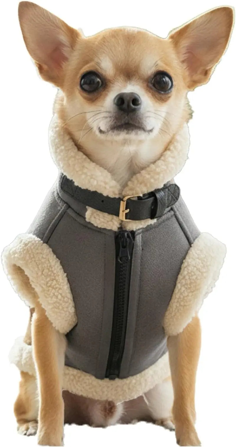 Retro Aviator Dog Jacket Faux Leather Sherpa Coat XS-3XL Winter Gray X-Small