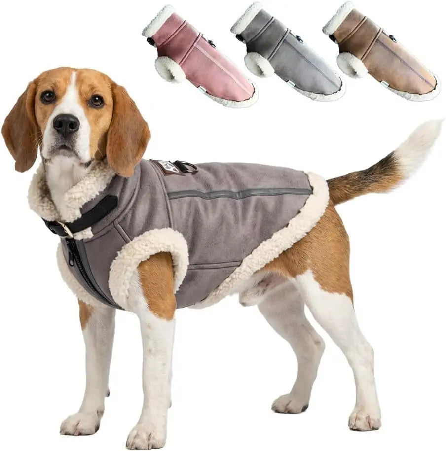 Retro Aviator Dog Jacket Faux Leather Sherpa Coat XS-3XL Winter Gray X-Large