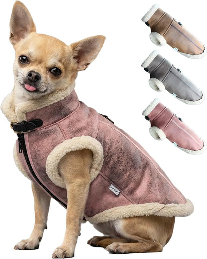Retro Aviator Dog Jacket Faux Leather Sherpa Coat XS-3XL Winter Pink X-Small
