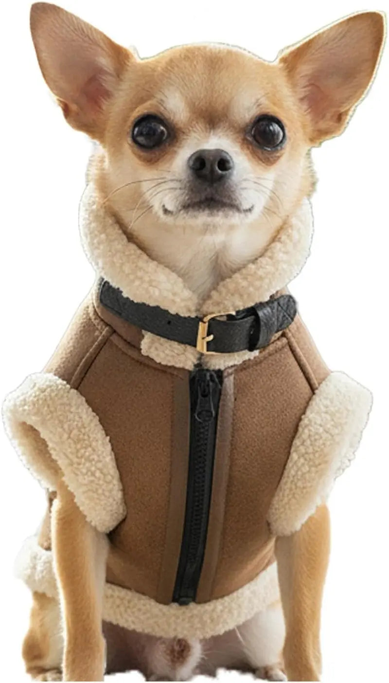 Retro Aviator Dog Jacket Faux Leather Sherpa Coat XS-3XL Winter Coffee X-Small
