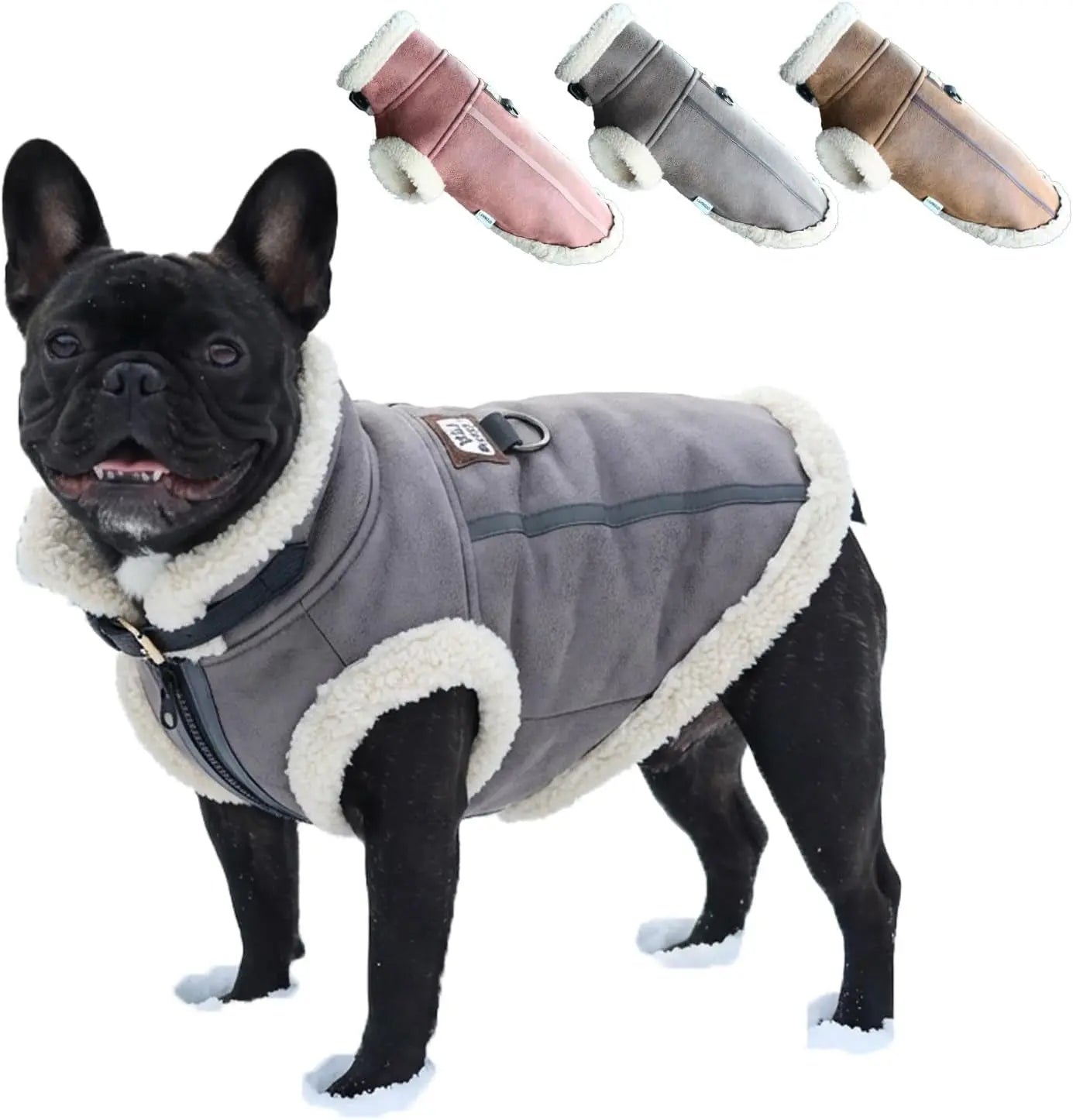 Retro Aviator Dog Jacket Faux Leather Sherpa Coat XS-3XL Winter Gray Large