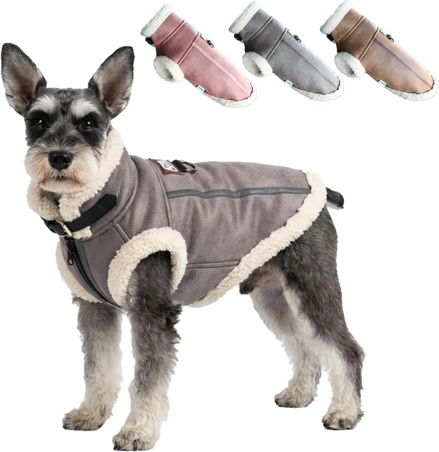 Retro Aviator Dog Jacket Faux Leather Sherpa Coat XS-3XL Winter Gray Medium