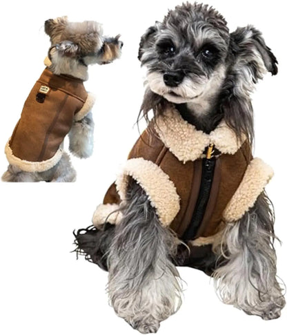 Retro Aviator Dog Jacket Faux Leather Sherpa Coat XS-3XL Winter Coffee Medium