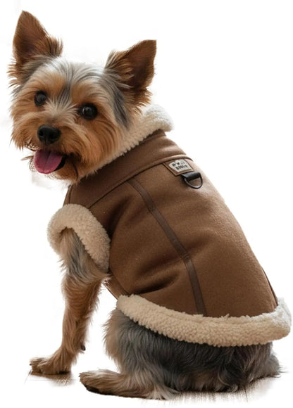 Retro Aviator Dog Jacket Faux Leather Sherpa Coat XS-3XL Winter Coffee Small