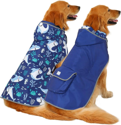 Reversible Waterproof Dog Raincoat – Hooded Slicker Poncho Jacket, S–XXXL Sharks