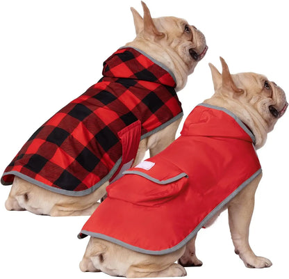 Reversible Waterproof Dog Raincoat – Hooded Slicker Poncho Jacket, S–XXXL Buffalo Plaid Red Small