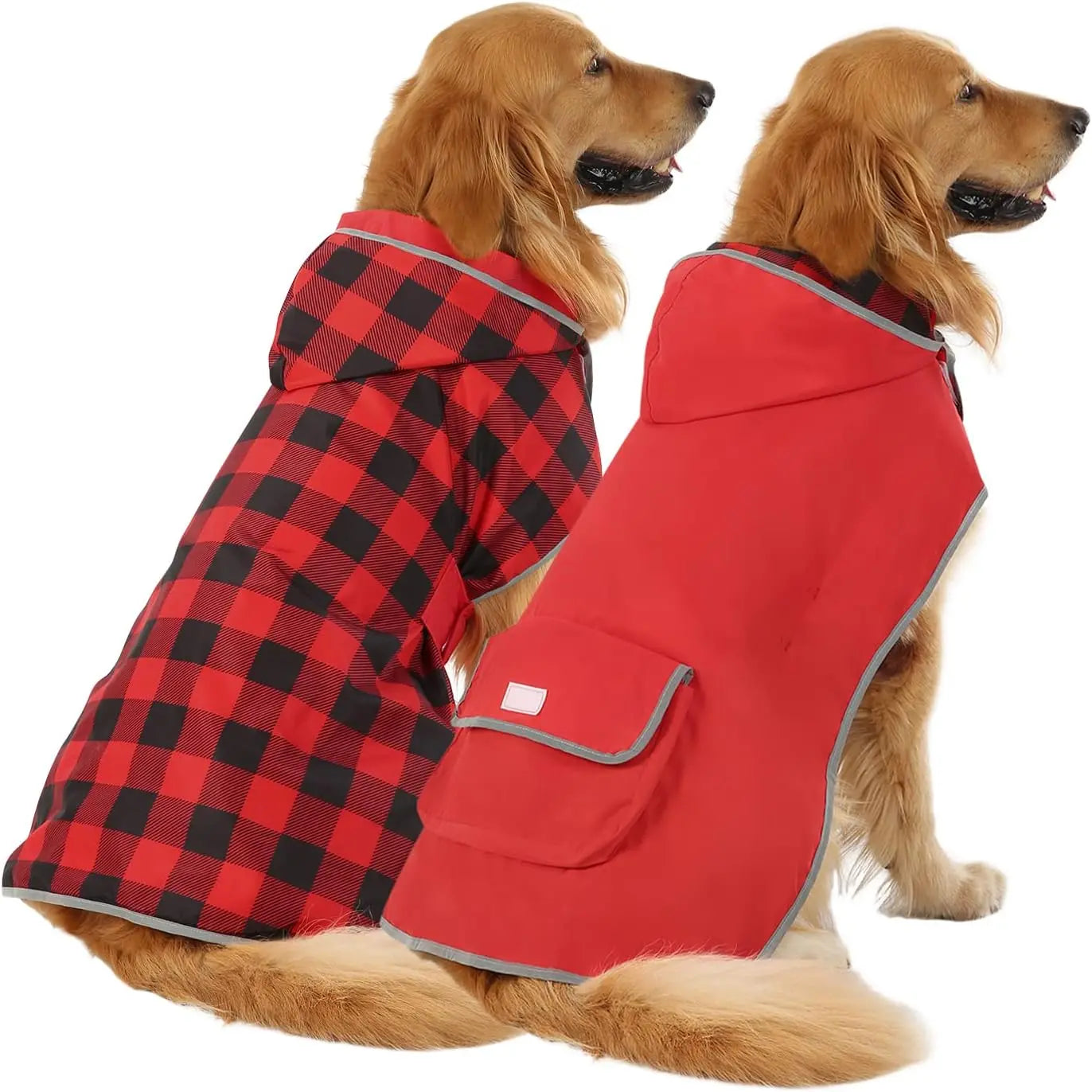 Reversible Waterproof Dog Raincoat – Hooded Slicker Poncho Jacket, S–XXXL Buffalo Plaid Red Large