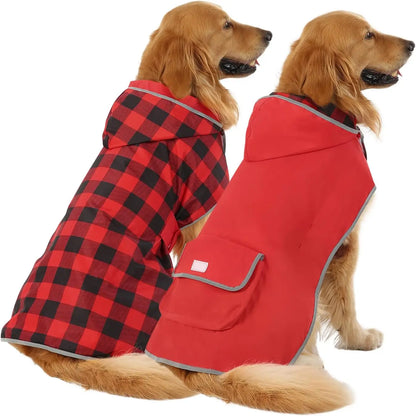 Reversible Waterproof Dog Raincoat – Hooded Slicker Poncho Jacket, S–XXXL Buffalo Plaid Red Large