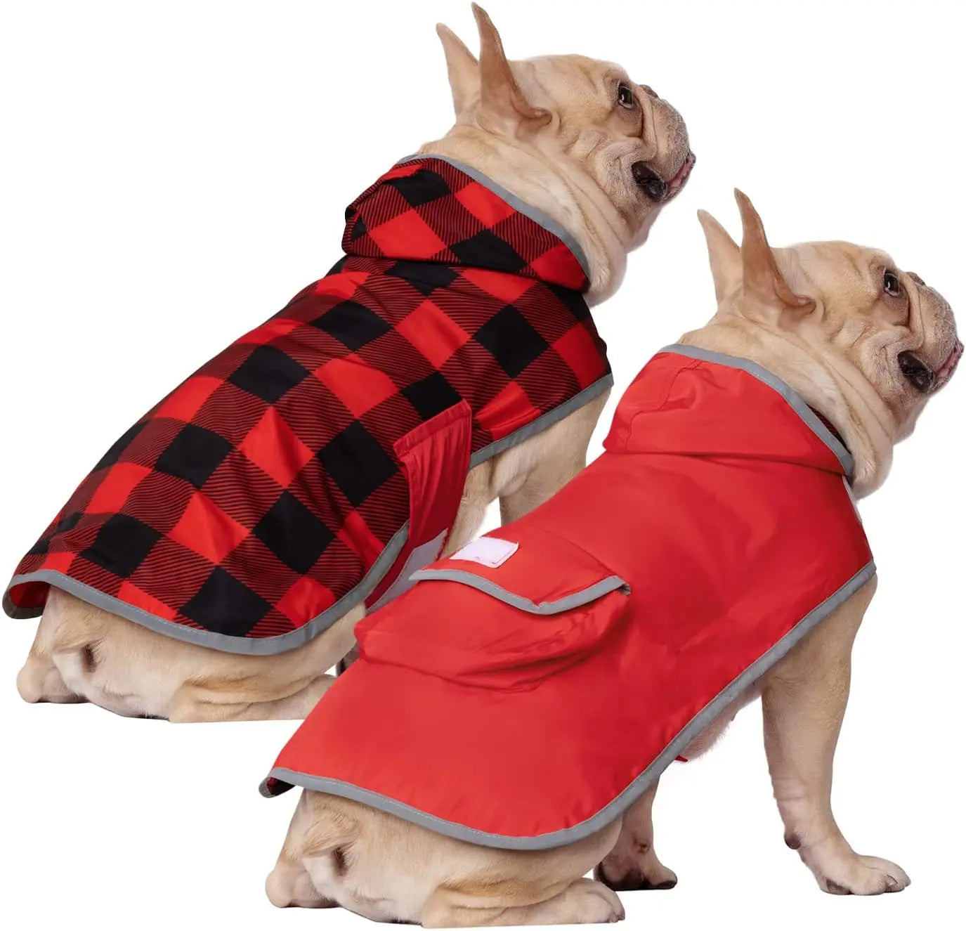Reversible Waterproof Dog Raincoat – Hooded Slicker Poncho Jacket, S–XXXL Buffalo Plaid Red Medium