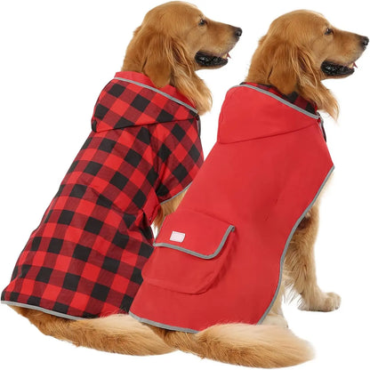 Reversible Waterproof Dog Raincoat – Hooded Slicker Poncho Jacket, S–XXXL Buffalo Plaid Red X-Large