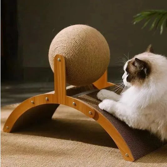Wooden Cat Climbing Arch with Rotating Sisal Ball, Scratch-Resistant Post & Play Tower
