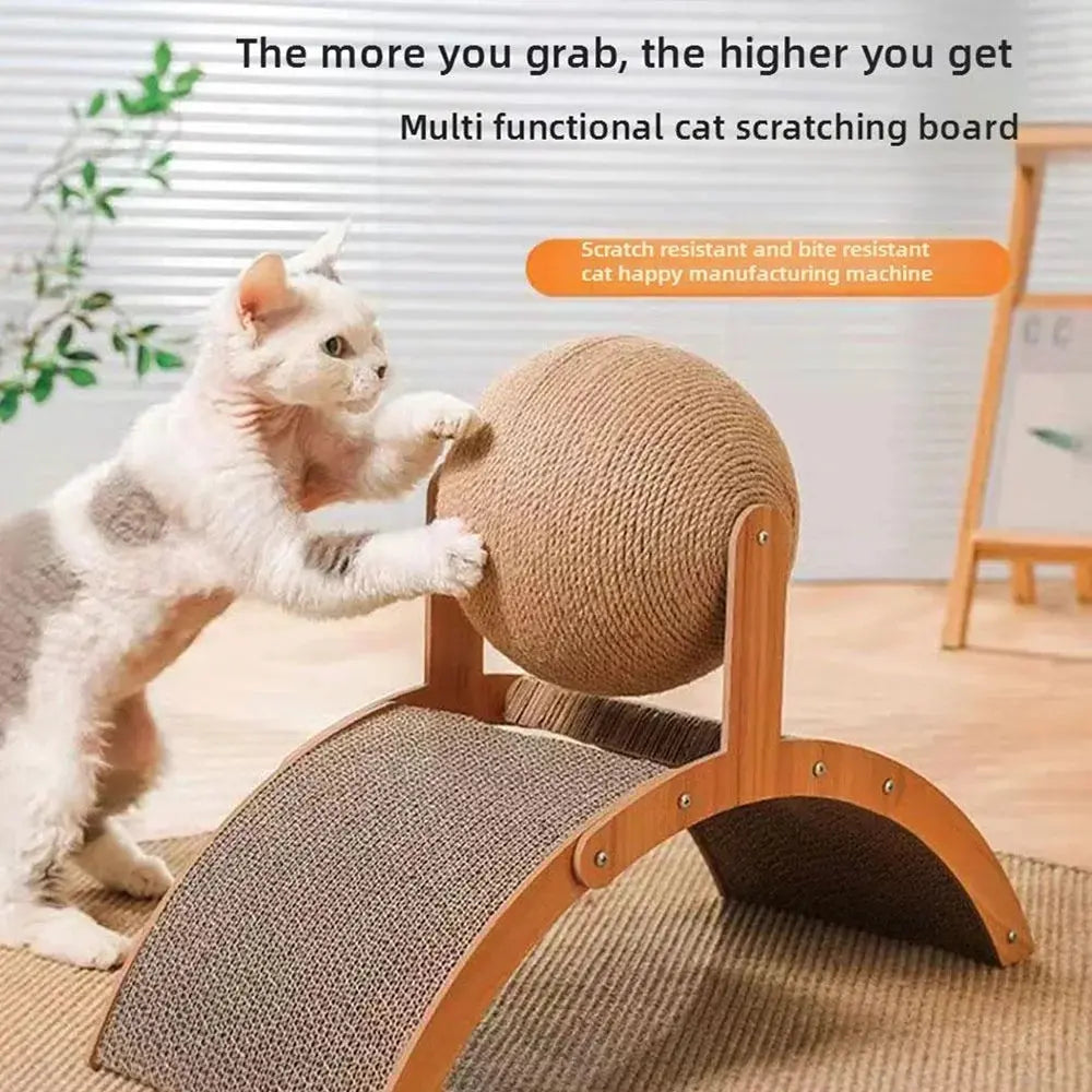 Wooden Cat Climbing Arch with Rotating Sisal Ball, Scratch-Resistant Post & Play Tower