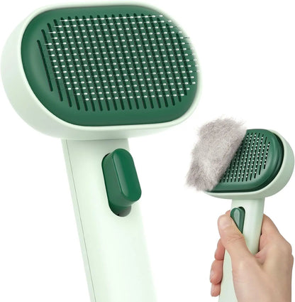 Self Cleaning Cat Brush for Shedding & Massage Short Long Hair Grooming Forest Green