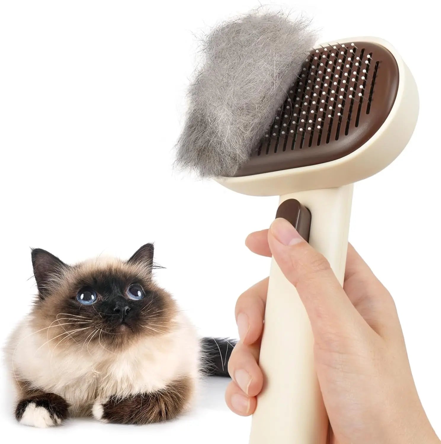 Self Cleaning Cat Brush for Shedding & Massage Short Long Hair Grooming Brown