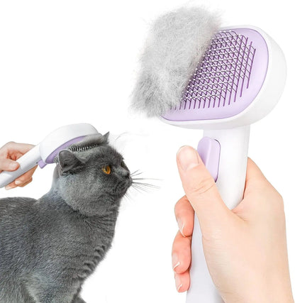 Self Cleaning Cat Brush for Shedding & Massage Short Long Hair Grooming Purple
