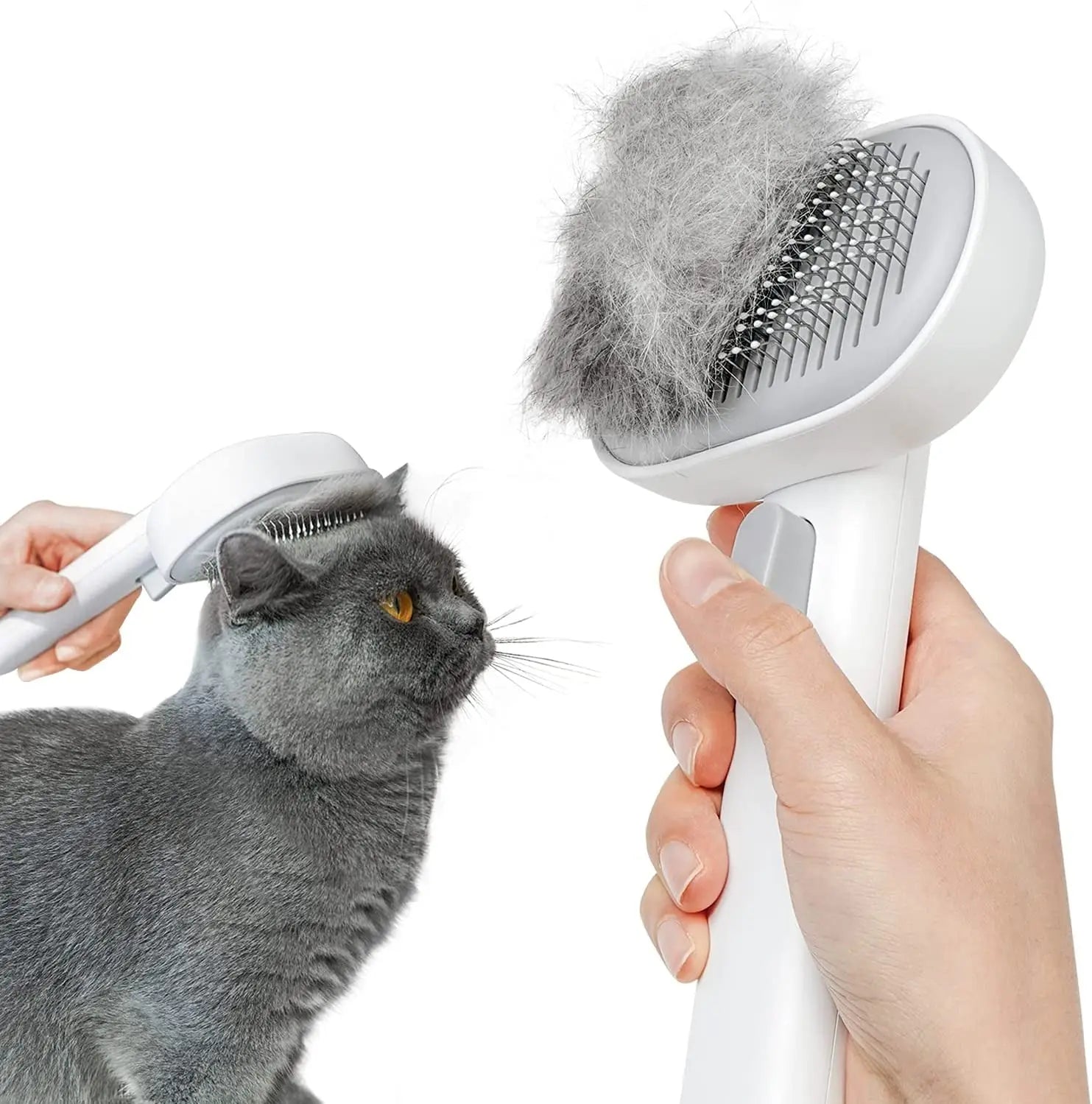 Self Cleaning Cat Brush for Shedding & Massage Short Long Hair Grooming White