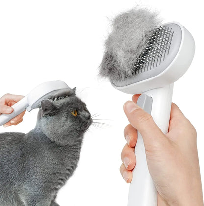 Self Cleaning Cat Brush for Shedding & Massage Short Long Hair Grooming White
