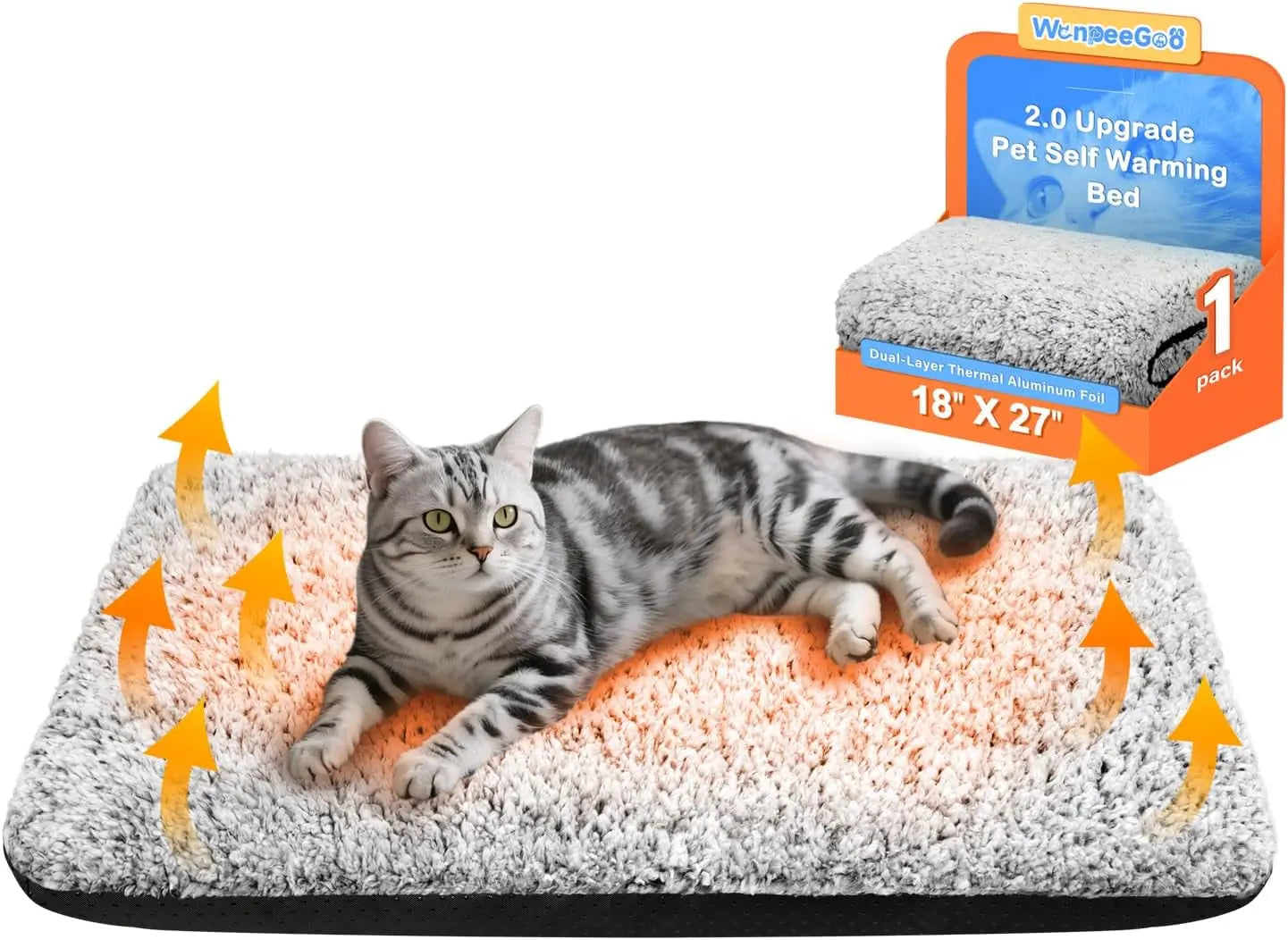 Self Warming Cat Bed – Dual Foil, Washable Cover, Non-Slip Gray 18"X27"