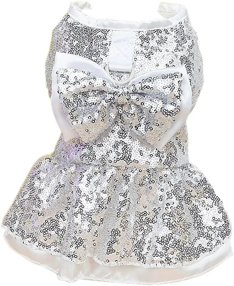 Sequin Bow Party Dress for Small Dogs Formal Dance Outfit All Sizes Silver