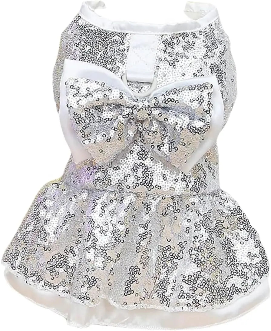 Sequin Bow Party Dress for Small Dogs Formal Dance Outfit All Sizes Silver Xx-Large