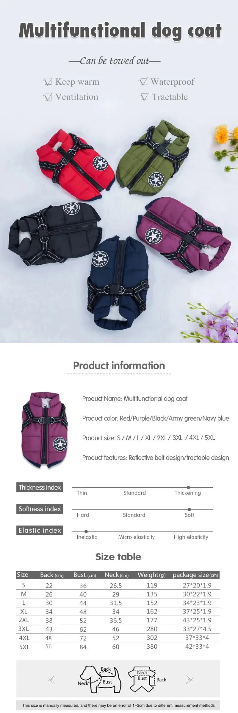 Winter Dog Jacket with Built-in Harness – Warm Waterproof Pet Coat, Cold Weather Dog Clothes