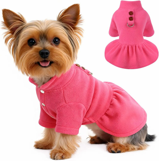 Small Dog Fleece Sweater Dress with Skirt & D-Ring Winter Puppy Outfit Rose Red
