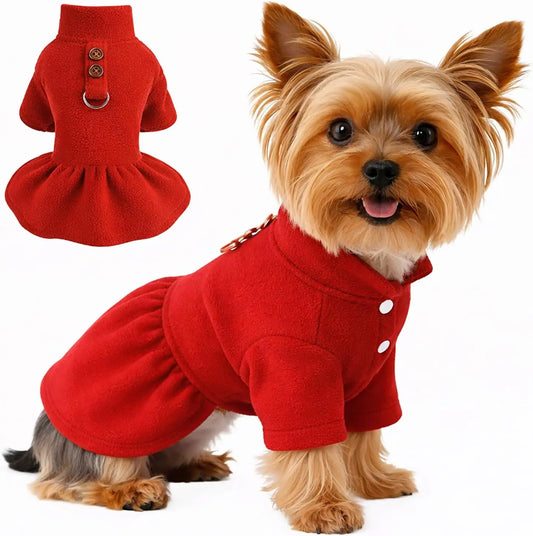 Small Dog Fleece Sweater Dress with Skirt & D-Ring Winter Puppy Outfit Red