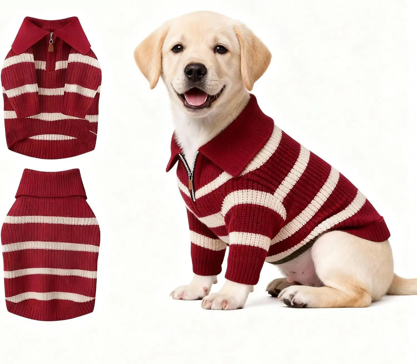 Small Dog Warm Turtleneck Cable Knit Sweater Thermal Pullover All Colors Red Stripe Zip(Order One Size Up) X-Large