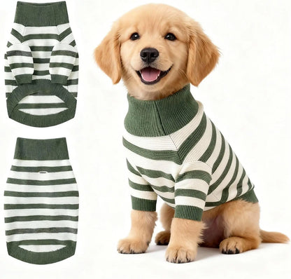 Small Dog Warm Turtleneck Cable Knit Sweater Thermal Pullover All Colors Green Stripe Pullover(Order One Size Up) Xx-Large