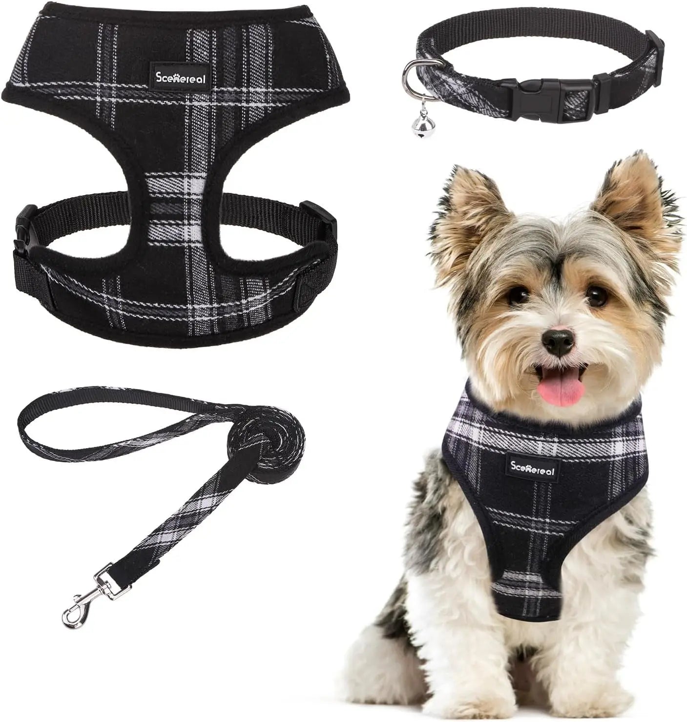 Small Dog or Cat Fall Harness, Collar & Leash Set– No Pull Adjustable Vest(Xs-M) Black White (With Collar)