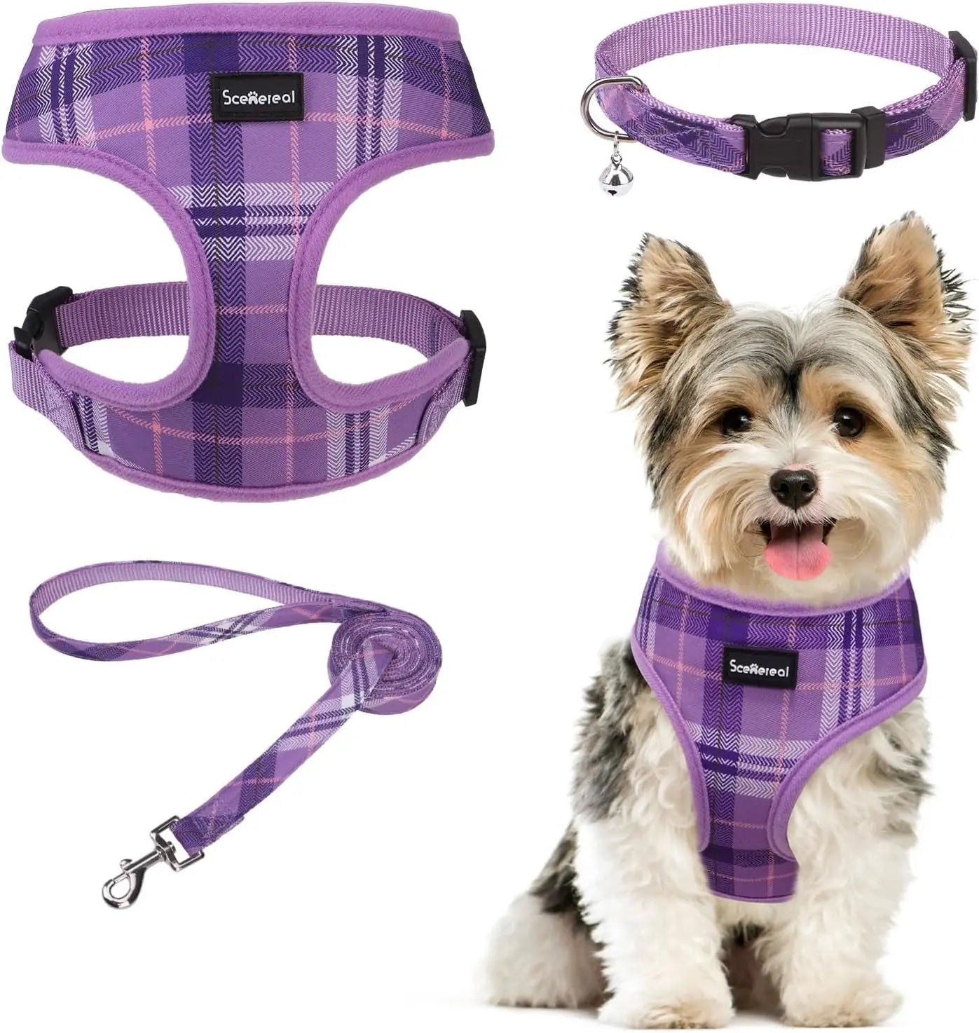 Small Dog or Cat Fall Harness, Collar & Leash Set– No Pull Adjustable Vest(Xs-M) Purple (With Collar)