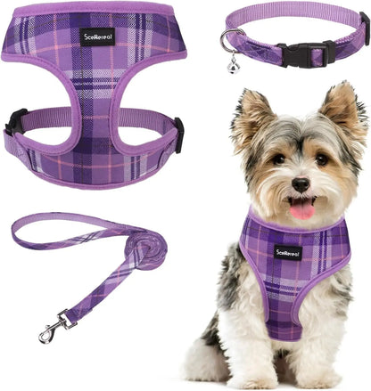 Small Dog or Cat Fall Harness, Collar & Leash Set– No Pull Adjustable Vest(Xs-M) Purple (With Collar)