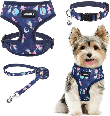 Small Dog or Cat Fall Harness, Collar & Leash Set– No Pull Adjustable Vest(Xs-M) Navy-Starry Night (With Collar)