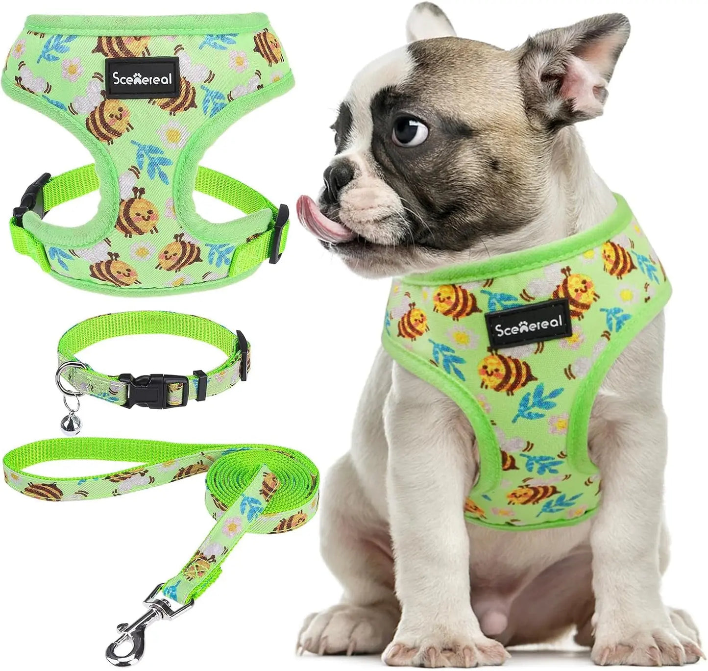 Small Dog or Cat Fall Harness, Collar & Leash Set– No Pull Adjustable Vest(Xs-M) Green-Bee M: Chest Girth: 17"-21"