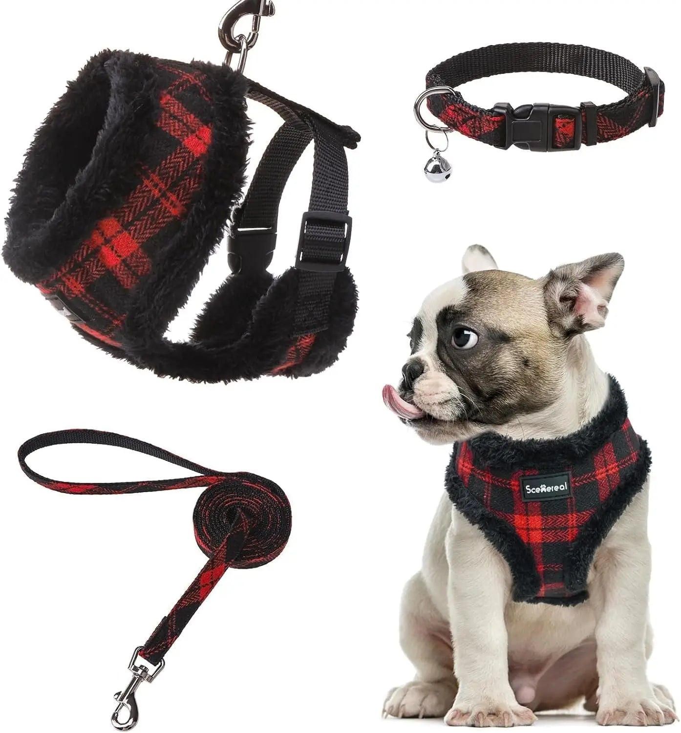 Small Dog or Cat Fall Harness, Collar & Leash Set– No Pull Adjustable Vest(Xs-M) Fleece-Christmas-Black Fleece (With Collar) M: Chest Girth: 17"-21"