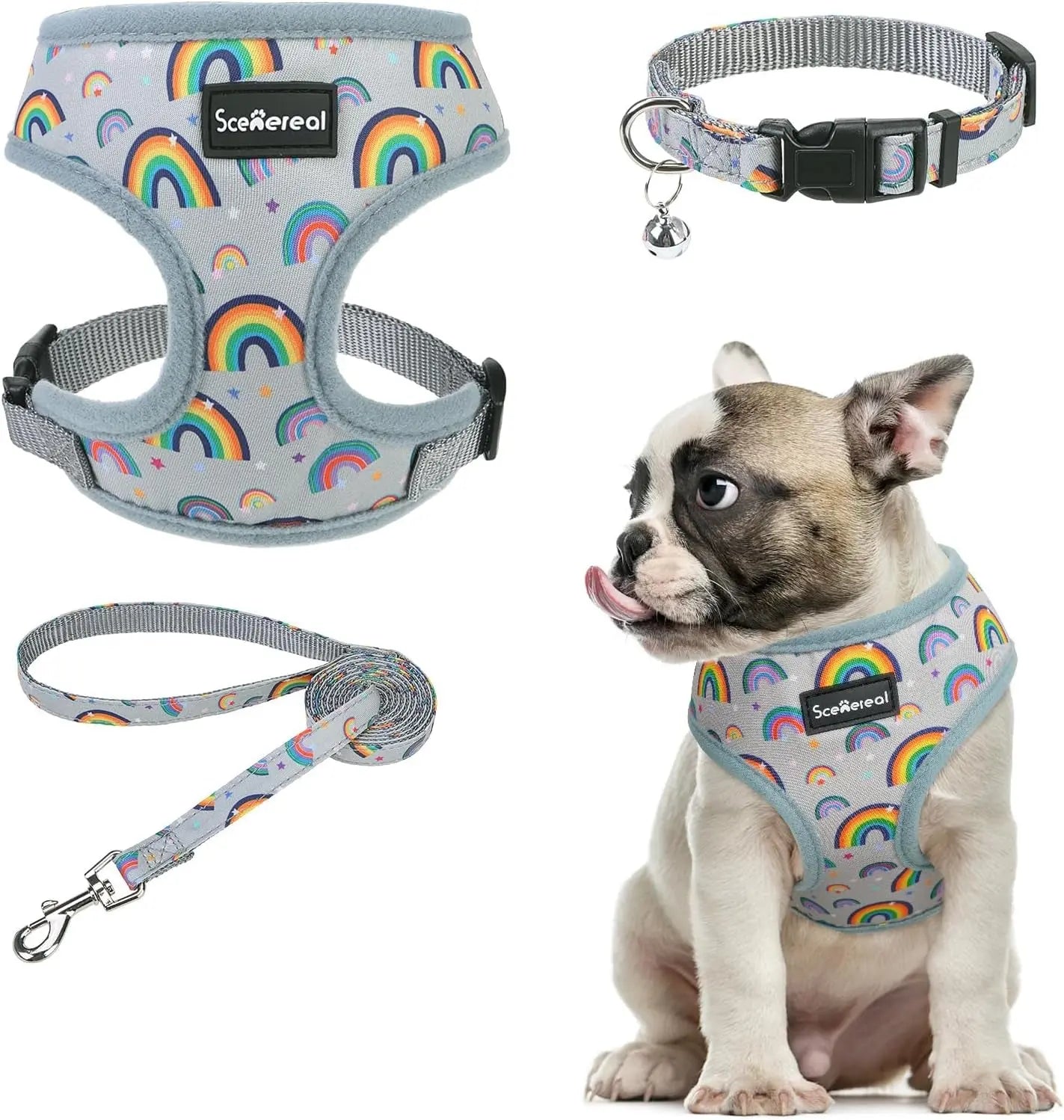 Small Dog or Cat Fall Harness, Collar & Leash Set– No Pull Adjustable Vest(Xs-M) Gray-Rainbow (With Collar) M: Chest Girth: 17"-21"