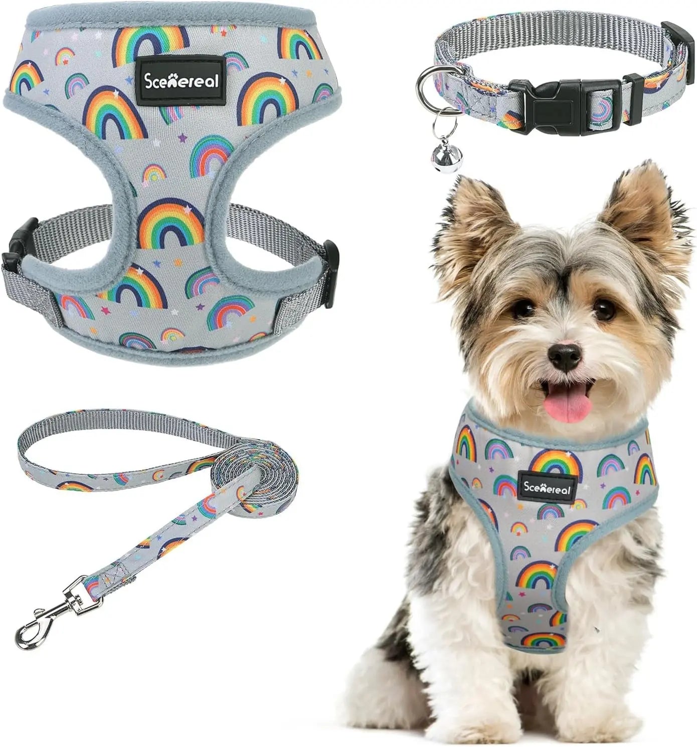 Small Dog or Cat Fall Harness, Collar & Leash Set– No Pull Adjustable Vest(Xs-M) Gray-Rainbow (With Collar)