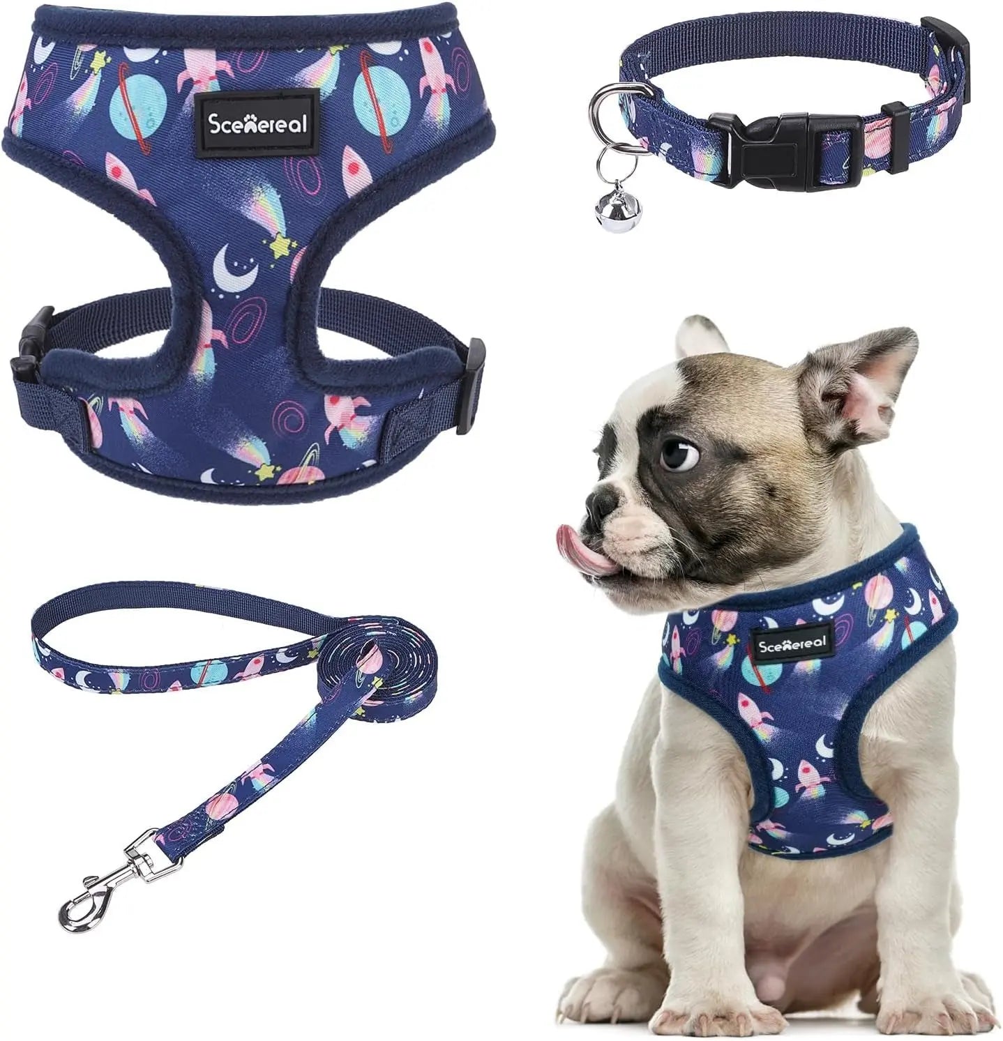Small Dog or Cat Fall Harness, Collar & Leash Set– No Pull Adjustable Vest(Xs-M) Navy-Starry Night (With Collar) M: Chest Girth: 17"-21"