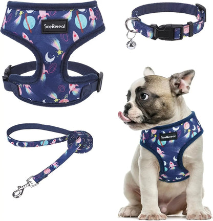 Small Dog or Cat Fall Harness, Collar & Leash Set– No Pull Adjustable Vest(Xs-M) Navy-Starry Night (With Collar) M: Chest Girth: 17"-21"