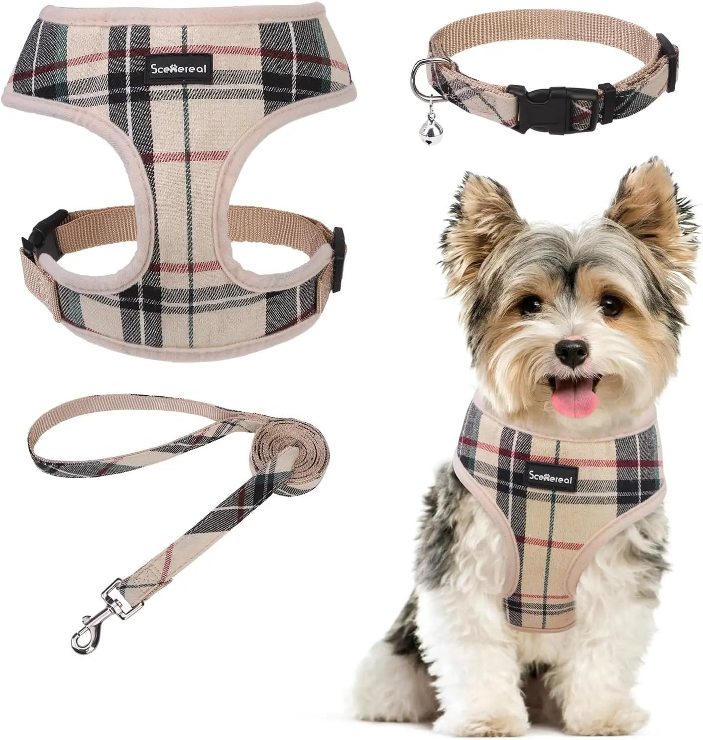 Small Dog or Cat Fall Harness, Collar & Leash Set– No Pull Adjustable Vest(Xs-M) Beige (With Collar)