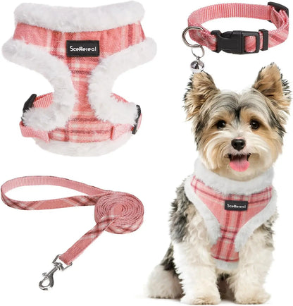 Small Dog or Cat Fall Harness, Collar & Leash Set– No Pull Adjustable Vest(Xs-M) Fleece-Pink Check Pattern (With Collar)